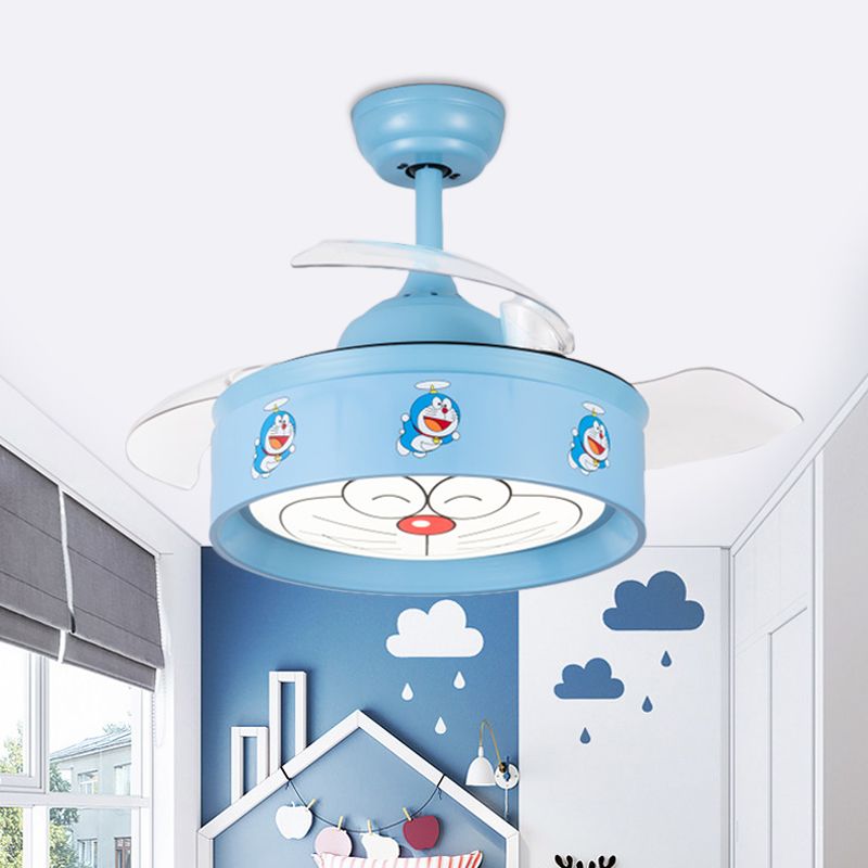 36" W LED Bedroom Ceiling Pendant Fan Light Kids Pink/Blue Finish 3 Blades Semi Flush Lamp with Drum Metal Shade, Cartoon Cat Pattern