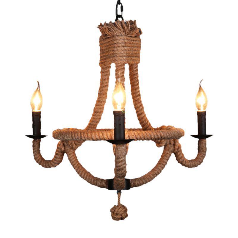 3 Lights Candle Chandelier Light Country Style Black Metal Ceiling Pendant Light with Rope Detail