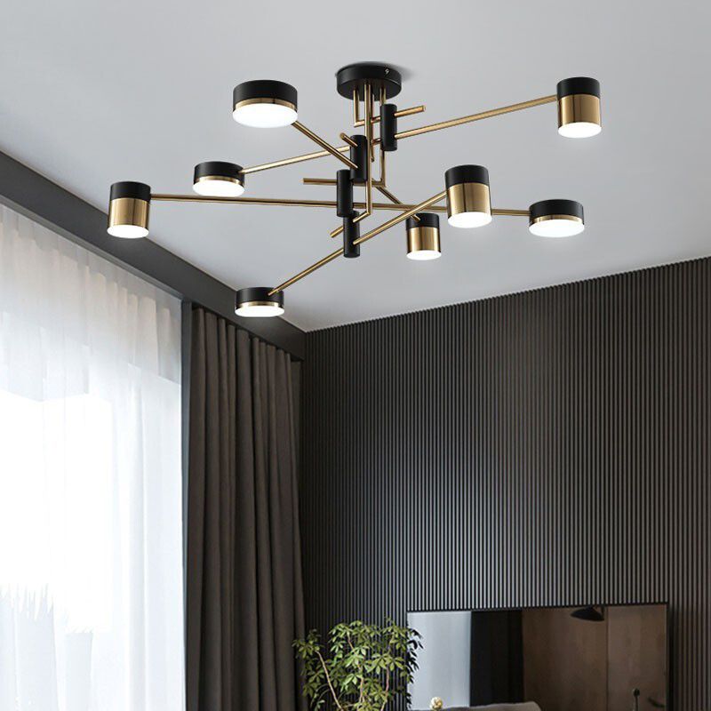 Modern Metal Radial Hanging Chandelier Light Drum Shade LED Suspension Light  in Black for Living Room