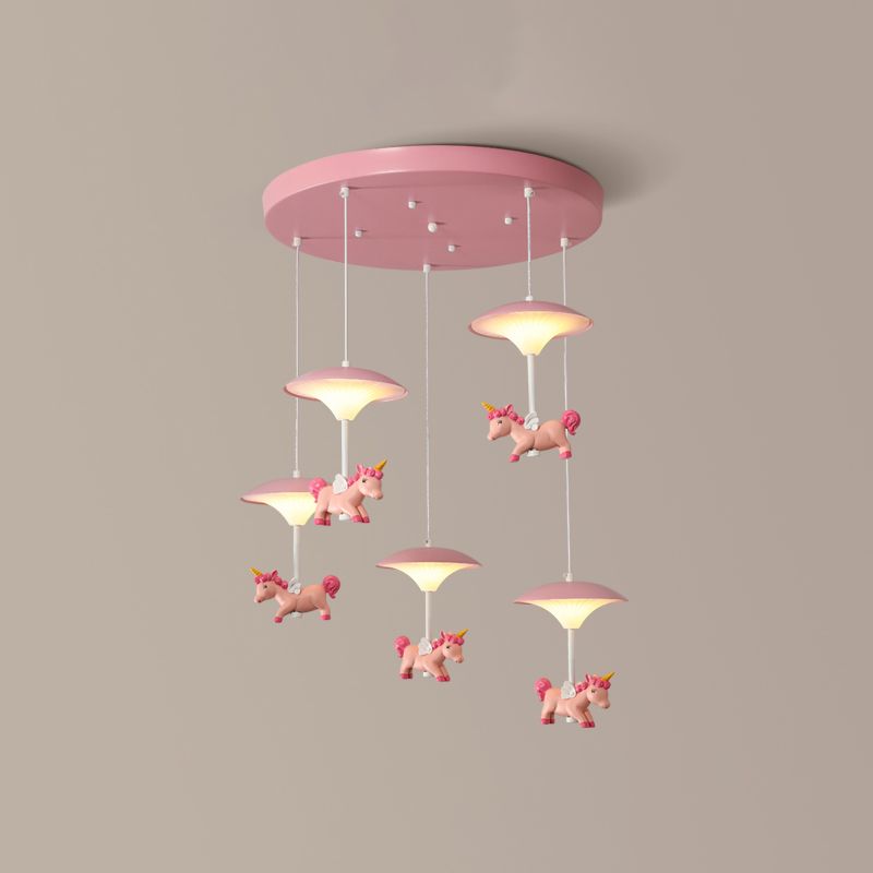 Mushroom Shade Bedroom Multi Pendant Metal LED Kid Ceiling Pendant with Unicorn Deco, Pink