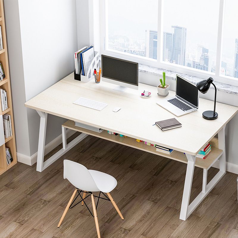 Rectangular Wooden Writing Desk Trestle Steel Table Leg Bedroom White Desk