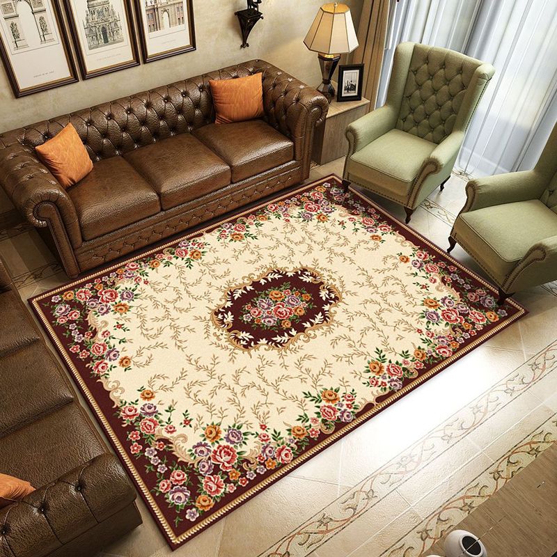 Retro Living Room Rug Multi Colored Flower Printed Area Carpet Polypropylene Non-Slip Backing Pet Friendly Rug