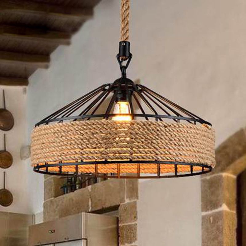 Zwart yurt gevormd hangend licht loft hennep touw 1 lamp eetkamer hanglamp plafondlamp