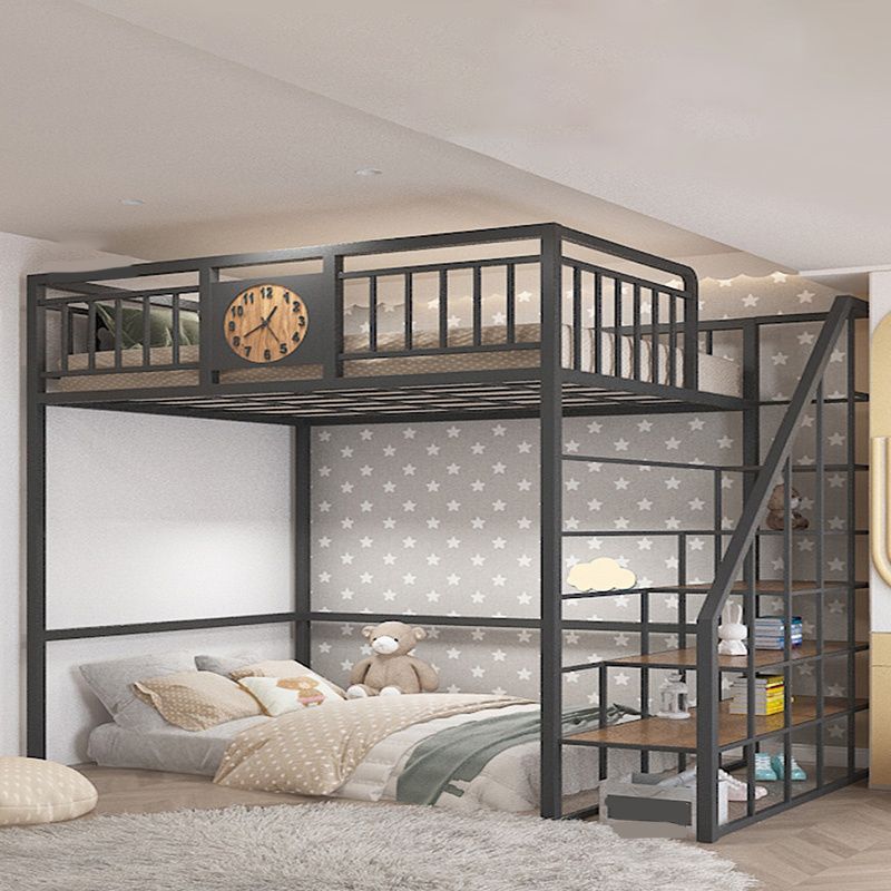 Metal Loft Bunk Bed Open Frame Bed with Guardrails and Stairway