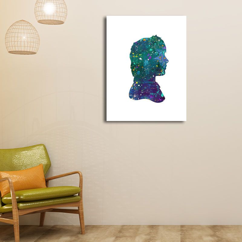 Textured Blue Wall Art Minimalism Figure Side Face Watercolor Canvas Print for Living Room