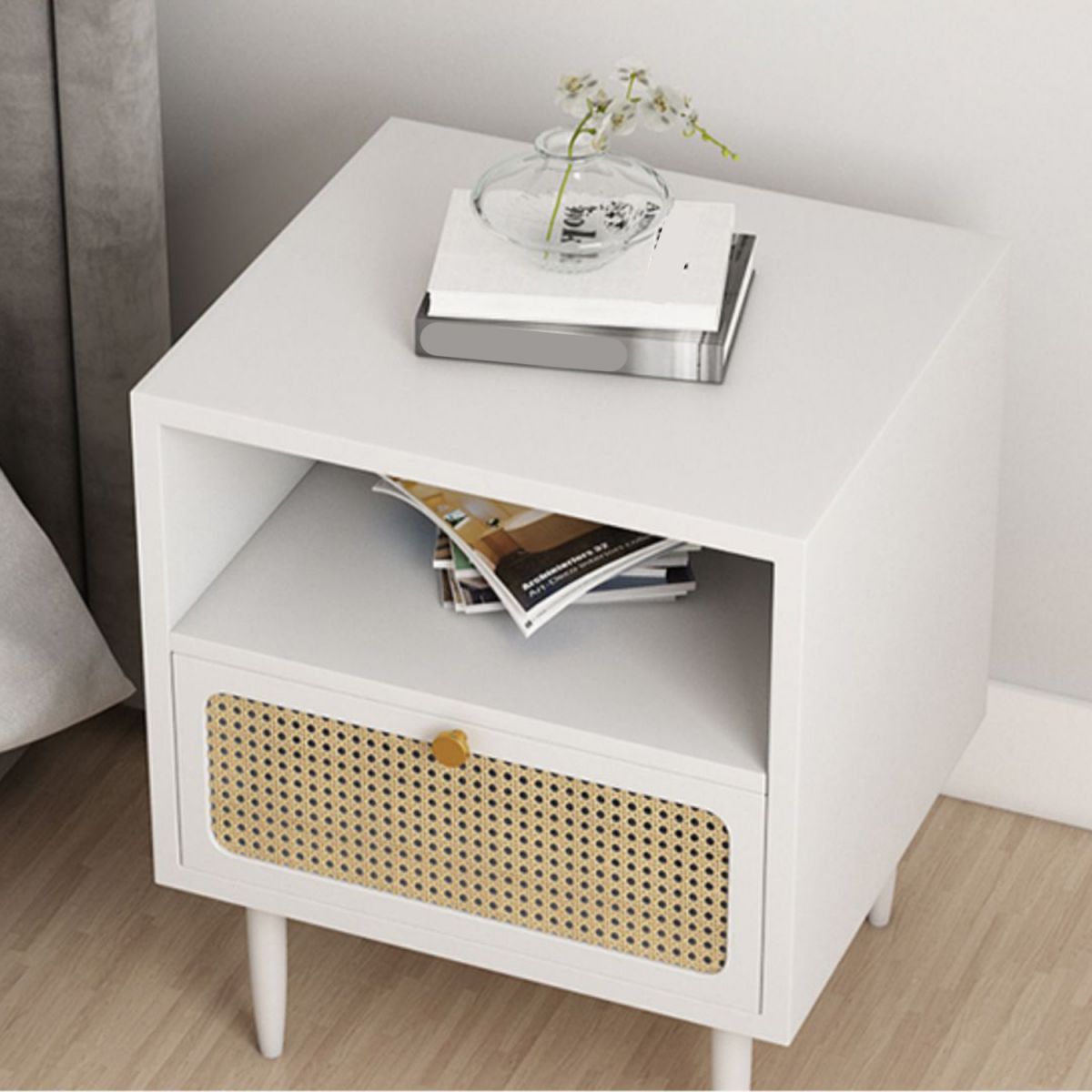 Wicker & Rattan Modern Night Table Solid Wood 2-Drawer Storage Nightstand in Black/White