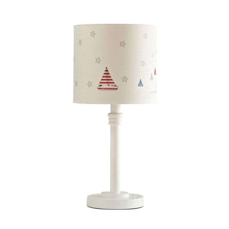 Single Bedroom Nightstand Light Cartoon White Table Lamp with Drum Patterned Fabric Shade