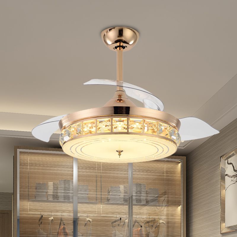 Drum Semi Flush Mount Light Modernist 19.5" W 4 Blades Crystal Ceiling Fan Lighting in Gold