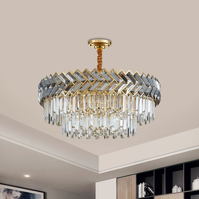 9 Bulbs Chandelier Pendant Light Modern 2-Layered Crystal Rods Suspension Light with Herringbone Design in Black-Gold