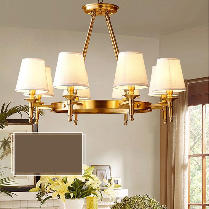 Candelera colgante de carretas posmodernas lámpara de lino blanco lámpara de techo de techo en oro para mesa de comedor