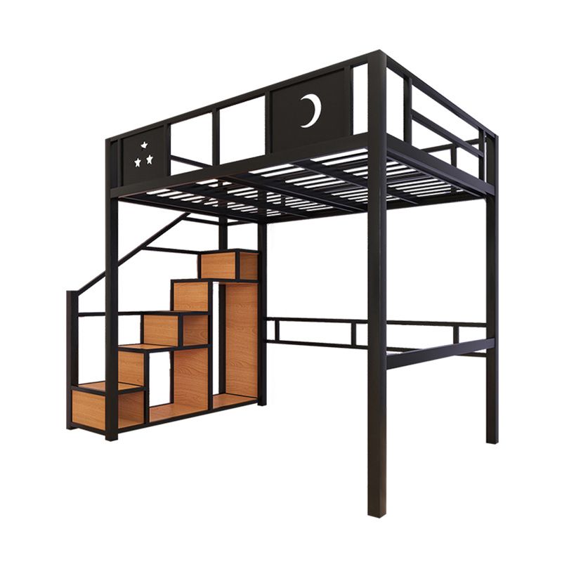 White/Black Loft Bed with Guardrail Metal Kids Bed with Staircase