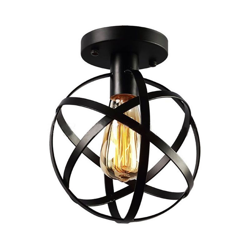 Metal Spherical Semi Flush Light with Cage Shade Loft Industrial 1 Light Living Room Ceiling Lamp in Black