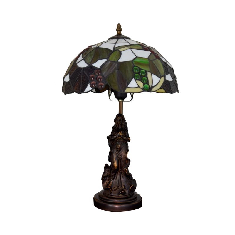 Tiffany Glass Grapes Table Lamp Baroque 1-Bulb Brown/Green/White-Brown Night Stand Light with Girl Base