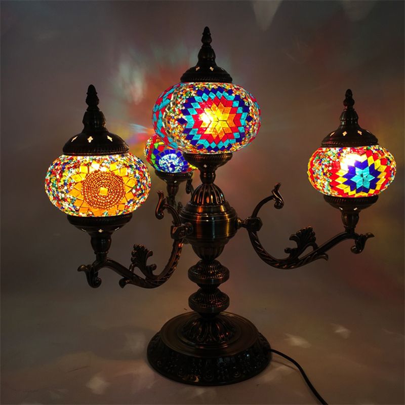 Bohemia Oval Nightstand Light 4 Bulbs Stained Glass Night Table Lighting in Red/Yellow/Orange for Bedroom