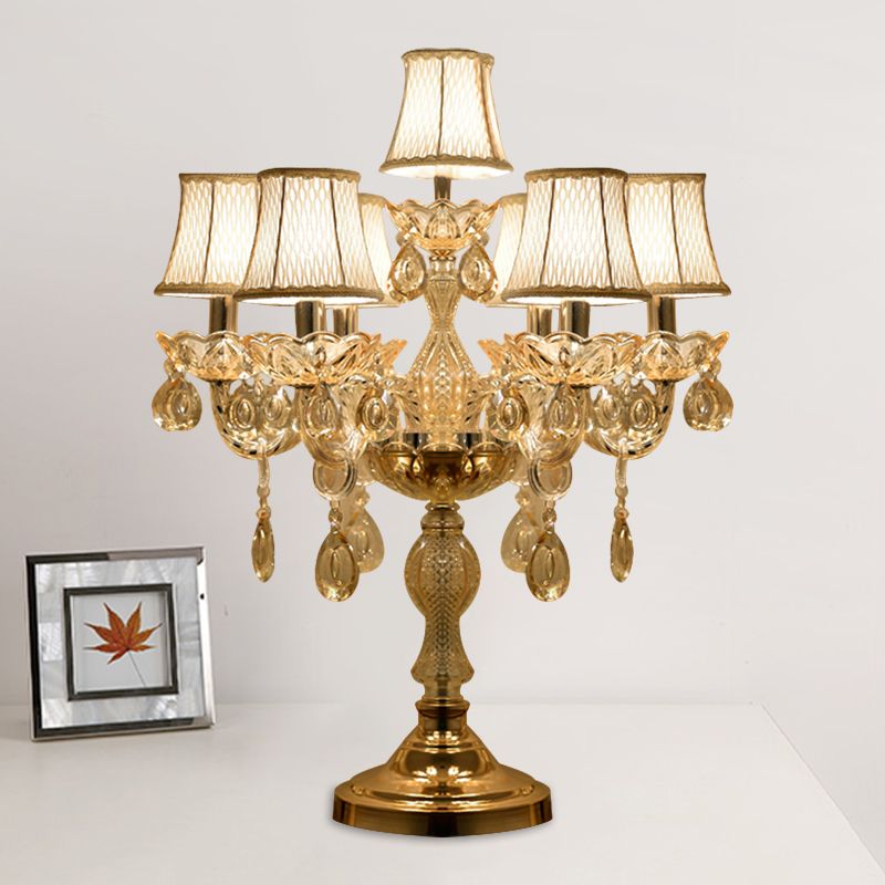 Gold 5/6/7 Bulbs Night Stand Lamp Traditional Clear Crystal Candlestick Table Light with White Bell Fabric Shade