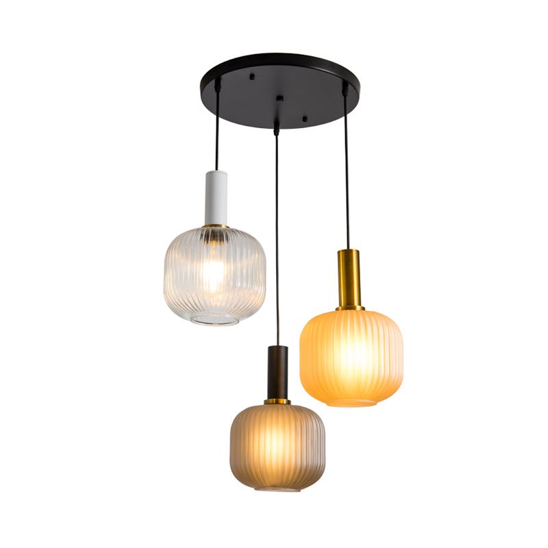 Modern Cluster Jar Pendant Colored Ribbed Glass 3 Lights Gold Suspended Lighting Fixture