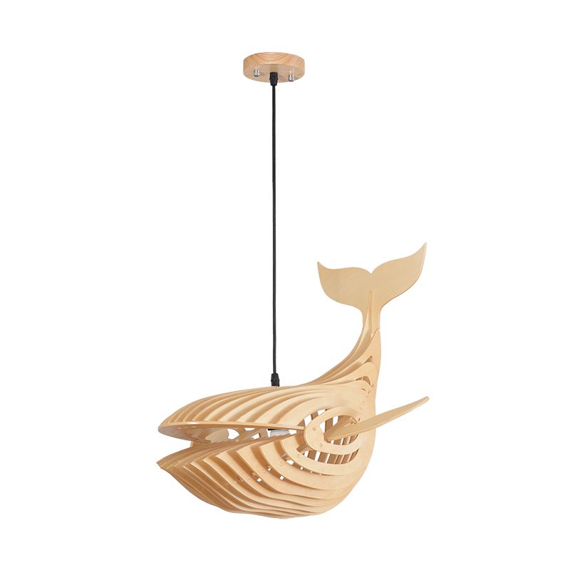 Whale Kids Bedside Down Lighting Pendant Wooden 1 Head Modern Hanging Lamp in Beige, 21.5"/31.5"/39" Wide