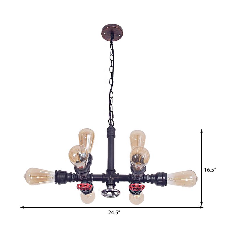 Black Water Pipe Chandelier Lamp Industrial Metal 8-Light Living Room Hanging Light with Valve