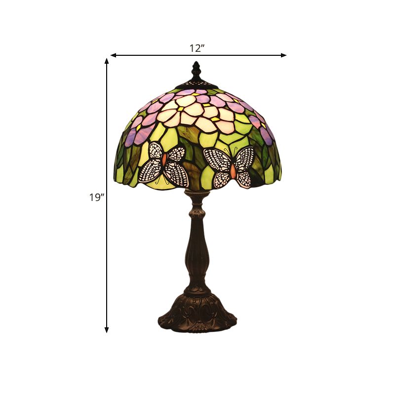 Butterfly and Petal Nightstand Lamp 1 Light Hand Cut Glass Mediterranean Table Lighting in Green with Dome Shade