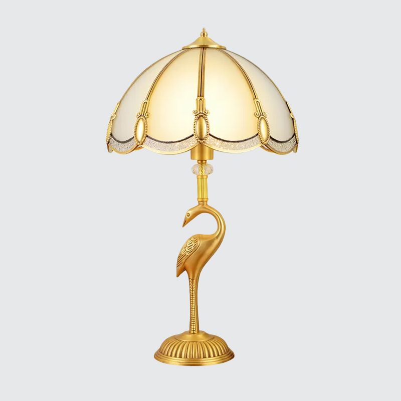 1-Light Night Lamp Vintage Bedroom Table Lamp with Bowl Frosted Glass Shade and Bird Pedestal in Polished Brass