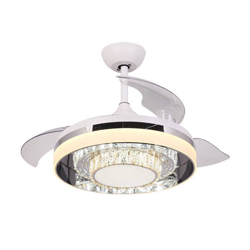 White LED Pendant Fan Light Contemporary Faceted Crystals Circular 3 Blades Semi Flush Light, 42" W