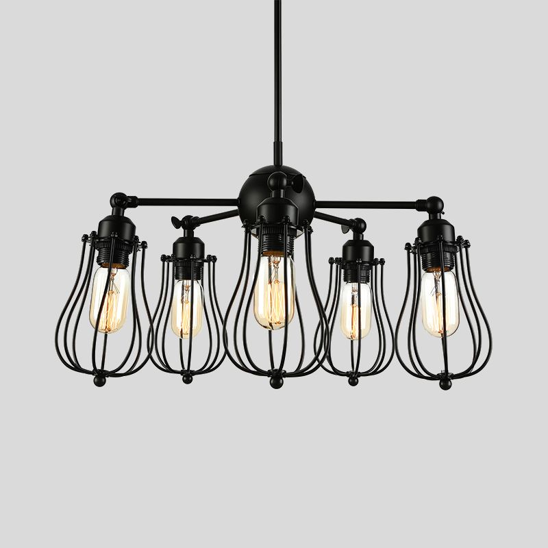 18 "/25.5" W 5 Lumières Lumière de lustre Clauche de la ferme Cage de plafond en fer luminaire avec une teinte de bulbe en noir