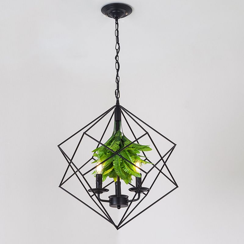 Rhombus Cage Metal Chandelier Rustic 3 Lights Restaurant Hanging Pendant Light in Black with Green Leaf Deco