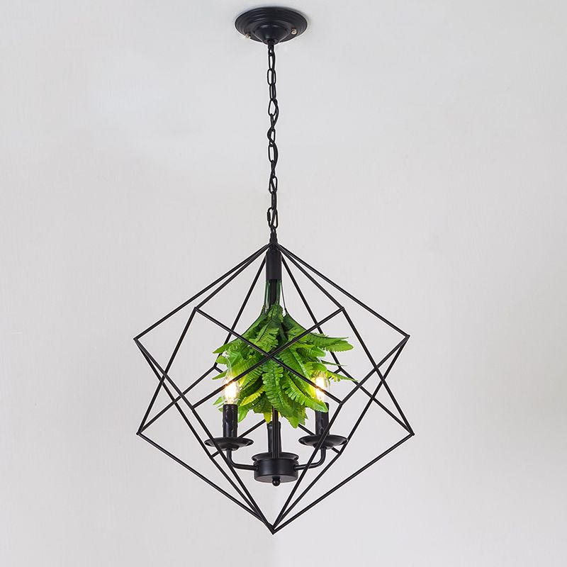 Rombus Cage Metal Chandelier Rustic 3 Lights Restaurante colgante colgante de colgante en negro con Deco de hoja verde