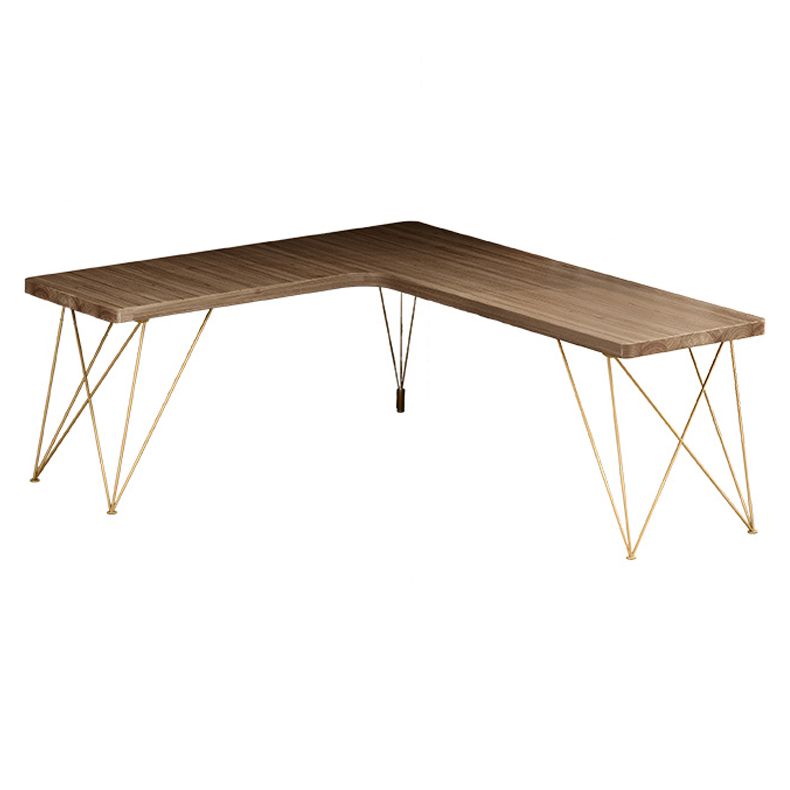 Glam Style Office Desk Solid Wood L-Shaped Desk with Gold Frame