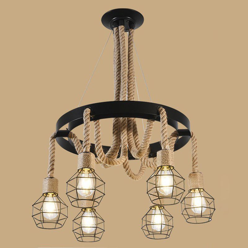 Cage Chandelier Light Fixture Industrial Rope Pendant Lighting for Restaurant