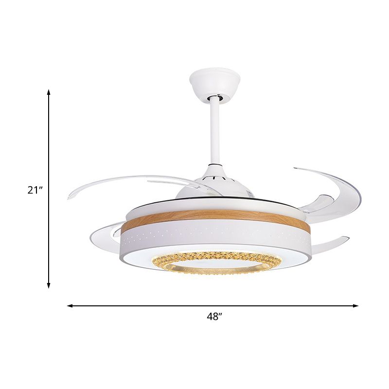 Nordic Drum Flush Lamp with Fan Amber Crystal White LED Living Room Semi Mount Lighting with Wood Element