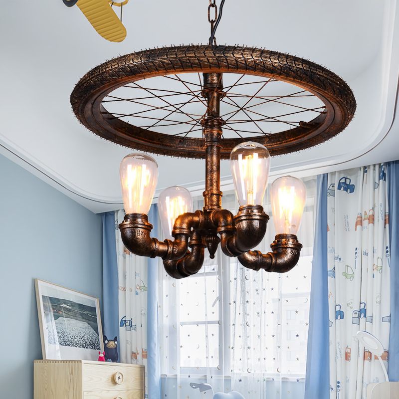 Wheel Design Living Room Chandelier Lamp Vintage Style Metal 4 Lights Rust Pendant Light with Pipe