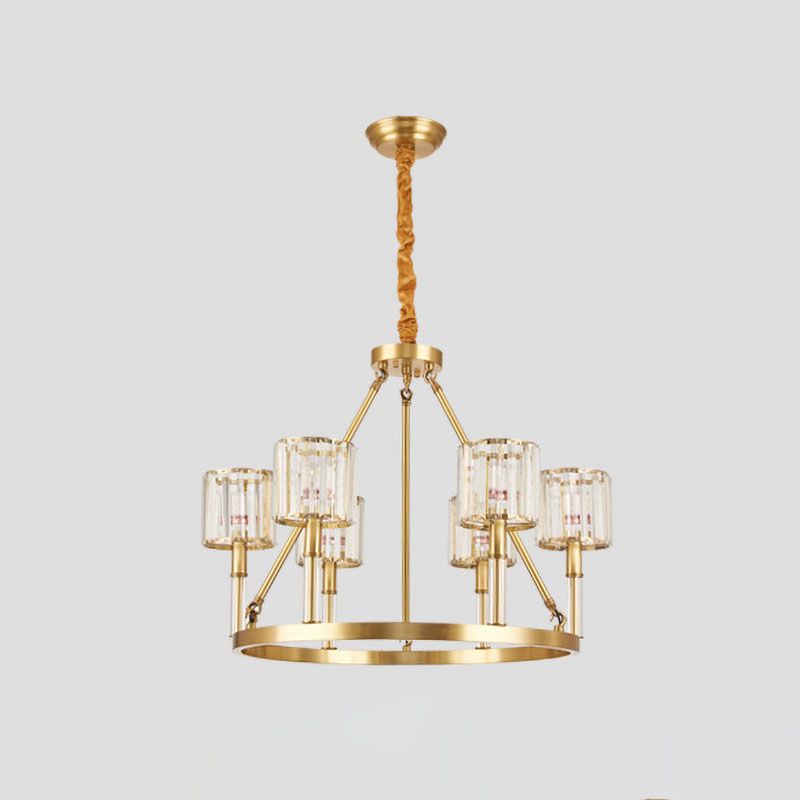 6-Head Crystal Suspension Light Modern Brass Cylinder Dining Room Chandelier Lighting Fixture