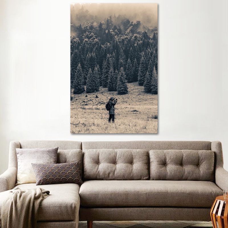 Meadow and Misty Forest Art Print Black Vintage Canvas for Dining Room, Textured