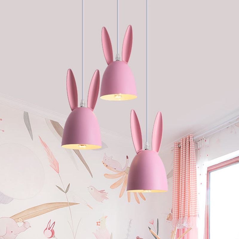 Pink/Blue Rabbit Shade Drop Cluster Anhänger Leicht Cartoon 3 Lichter Metallhanglampe