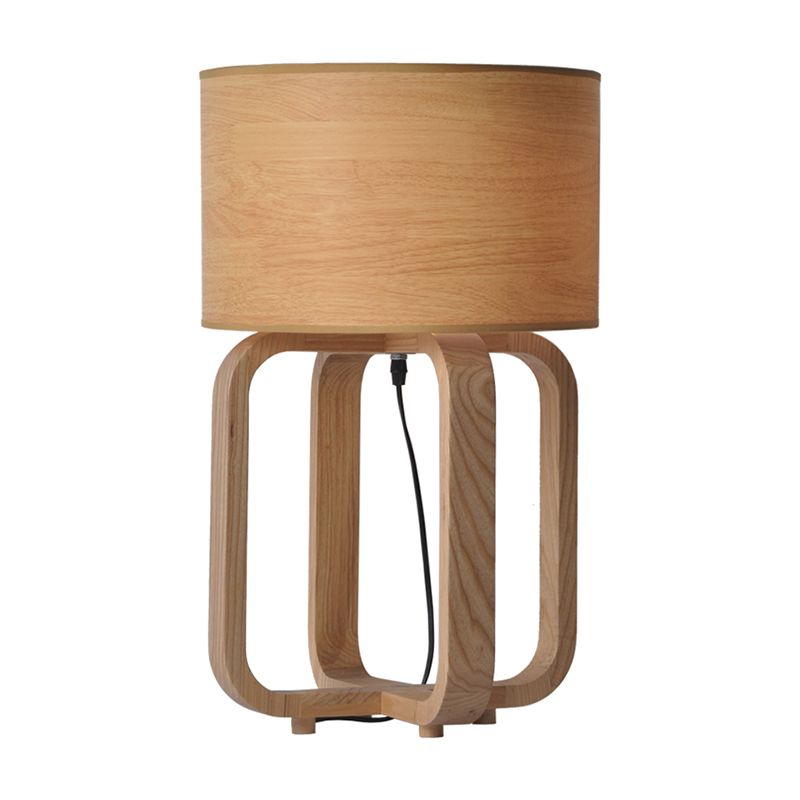 Drum and Squared Frame Table Light Asian Wood 1-Light Bedroom Night Lamp in Beige