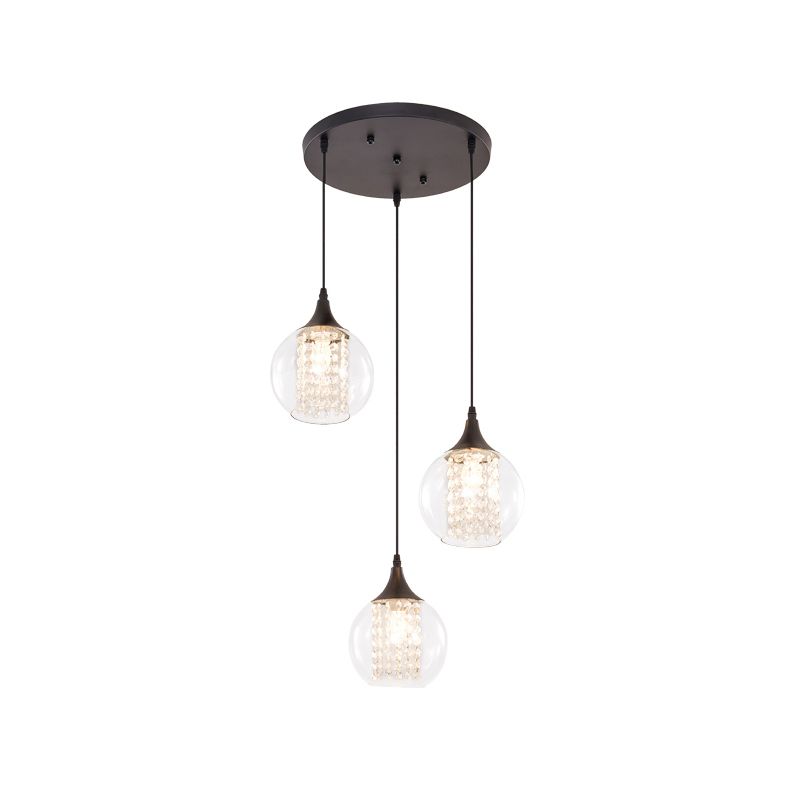 Simple Style Globe Multi Ceiling Light Clear Glass 3 Bulbs Dining Room Hanging Lamp in Black, Round/Linear Canopy