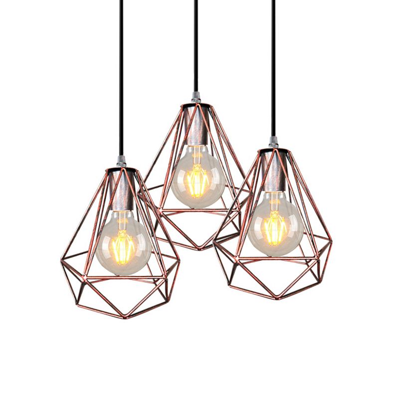 1-Light Pendant Ceiling Light Country Diamond Wire Cage Wrought Iron Pendant Lamp in Black/Copper/Gold for Living Room