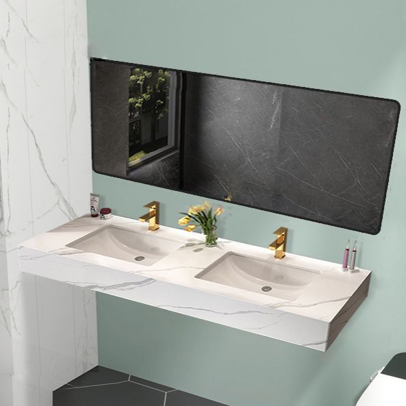 Stone Vanity White Wall Mount Double Sink Waterproof Bath Vanity with Mirror