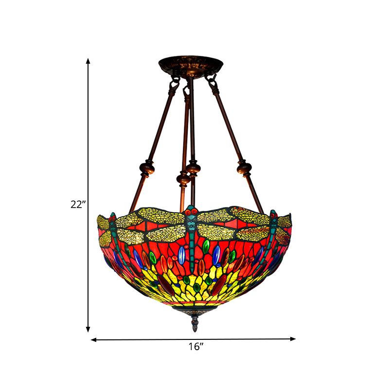 Dragonfly Red/Orange Cut Glass Semi Flush Mount Tiffany Style 2 Lights Bronze Ceiling Fixture for Living Room