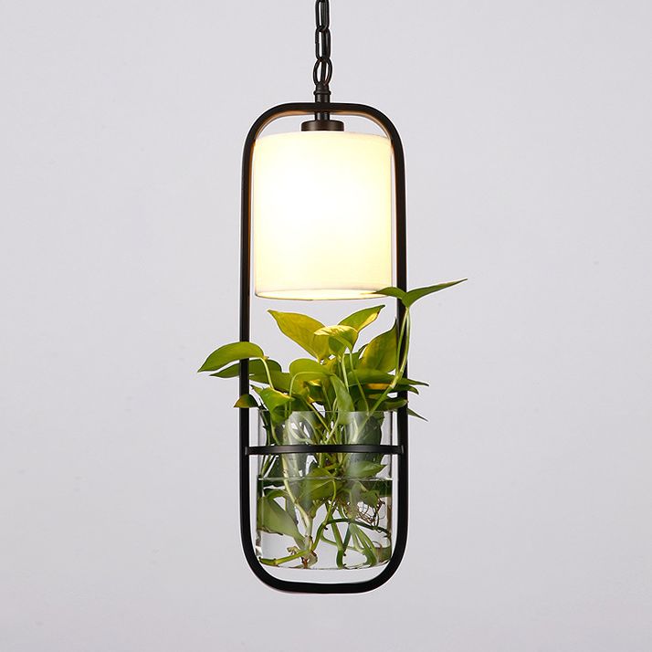 Industrial Cylinder Pendant Lamp 1 Light Metal Hanging Light Fixture Without Plants in Black