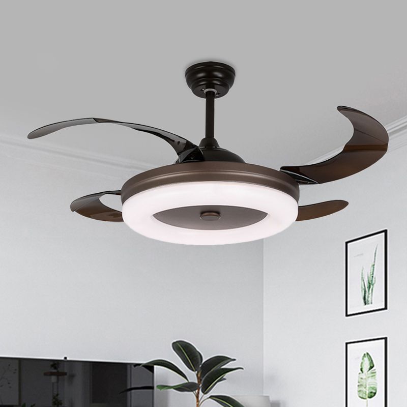 42" W Simple Circle Pendant Fan Light LED Metal Semi Flush Mount Lighting in Coffee with 4 Blades, Remote/Wall Control/Remote and Wall Control