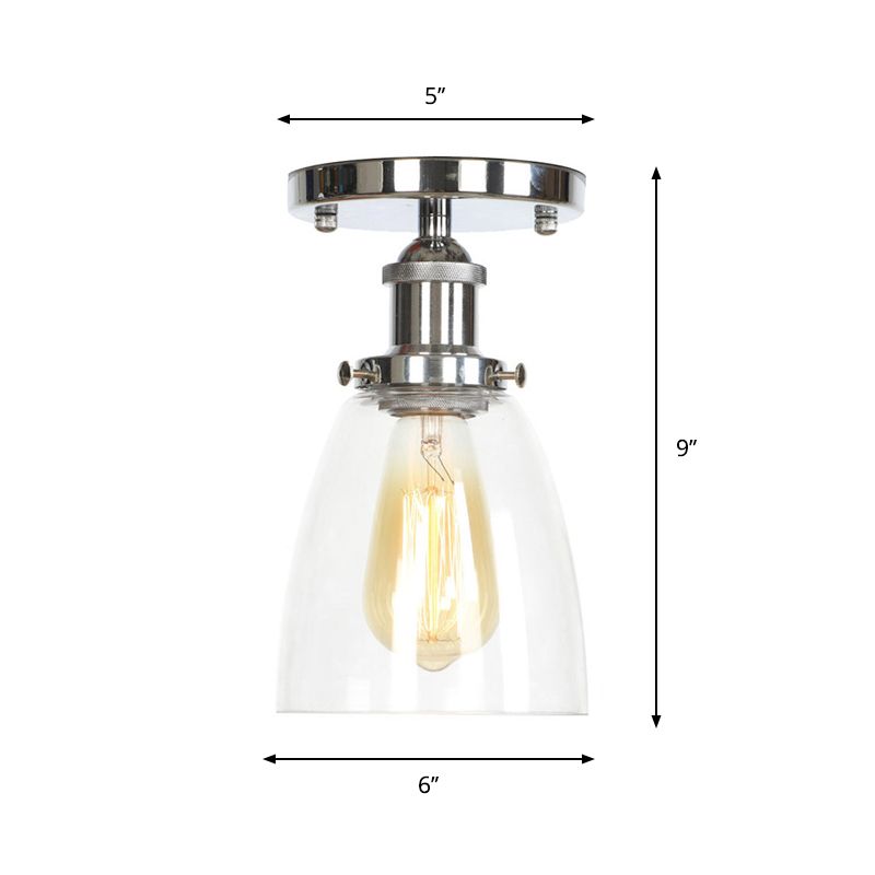 Single Clear/Clear Ribbed Glass Flushmount Farmhouse Chrome Bell/Pear Shaped Corridor Semi Flush Mount Ceiling Light