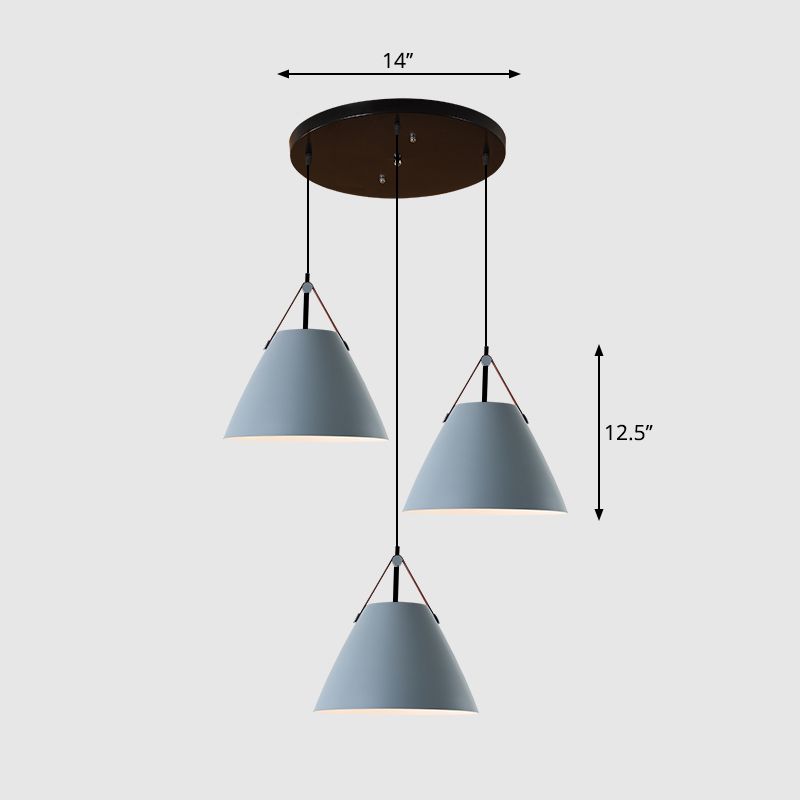 Nordic 3 Lights Cluster Pendant Conical Hanging Light with Metal Shade and Leather Strap