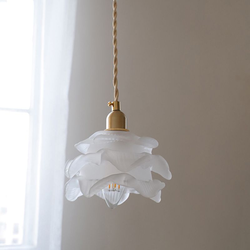 Textured White Glass Petal Hanging Lamp Vintage Single-Bulb Bedroom Lighting Pendant