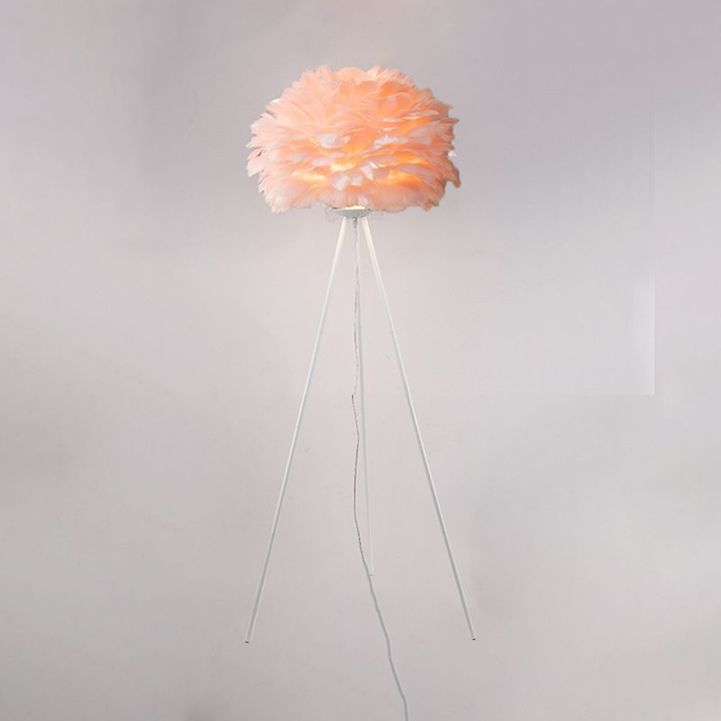 Dome Feather Floor Lamp Minimalist Single Grey/White/Pink Floor Light with Black/White/Gold Tripod for Bedroom