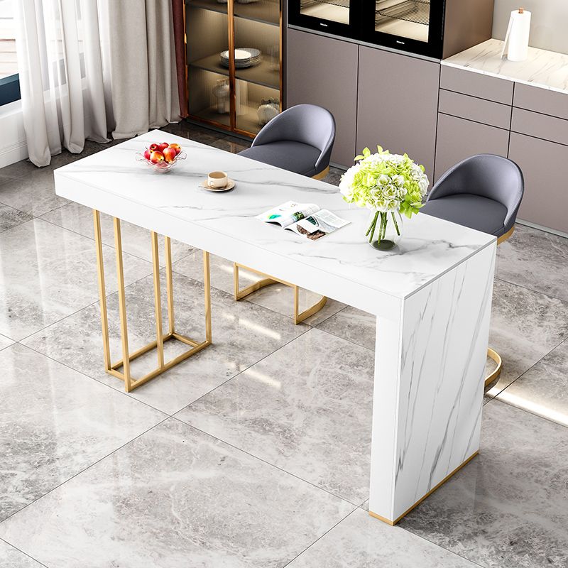 Glam White Wood Bar Dining Table with Stone Top Rectangle Indoor Bistro Table