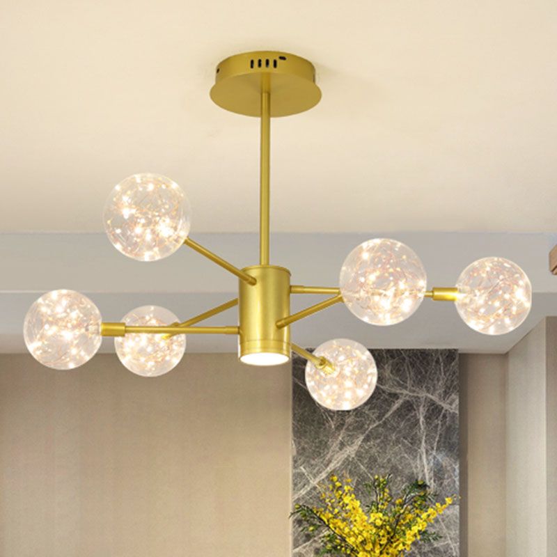 Starburst Hanging Ceiling Light Modern Metal Living Room LED Chandelier with Orb Glass Shade