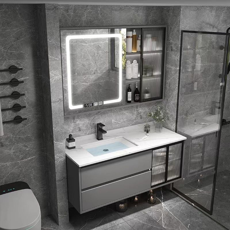 Wall Mount Bath Vanity Grey Metal Frame Mirror Single Sink Bathroom Vanity with Drawers