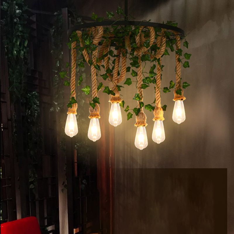 Bare Bulb Chandelier Light Fixture Industrial Rope Pendant Lighting for Restaurant (Without Plants)